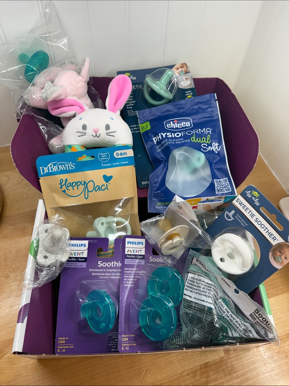 Assorted Baby Pacifiers and Soothers - - Teal & White Mr Rachel Rattle